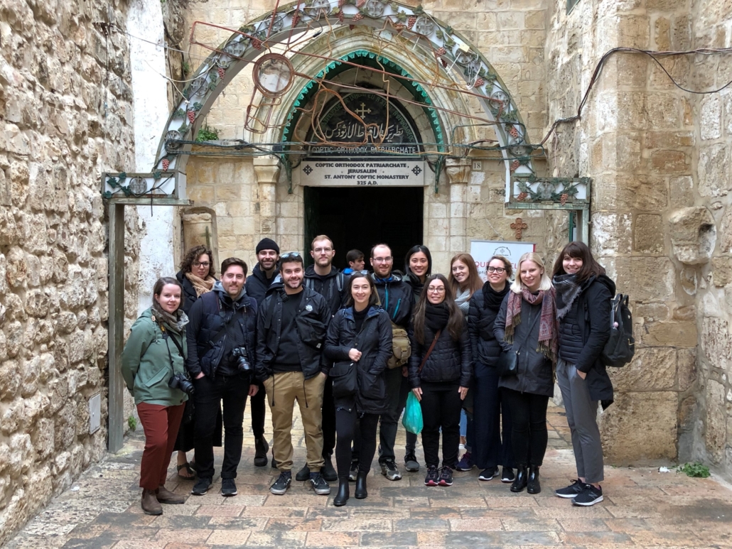 Canadian students outside of a church in Jerusalem as part of the Israeli section of the Azrieli Global Studio. 