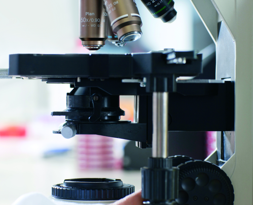 Technician adjusting microscope in laboratory