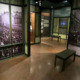 The inside of a museum hallway. Images and exhibits can be seen on the walls.