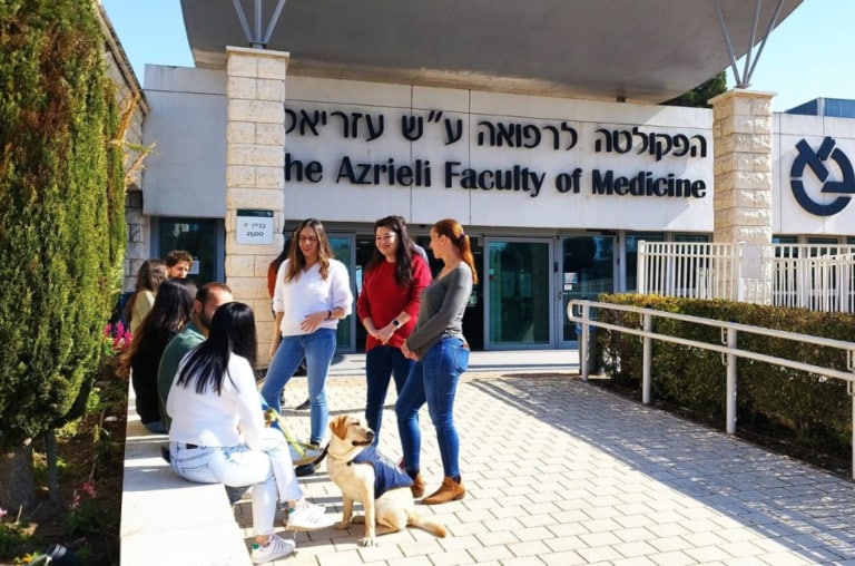 A group of students and one service dog sit and talk in front of a building.